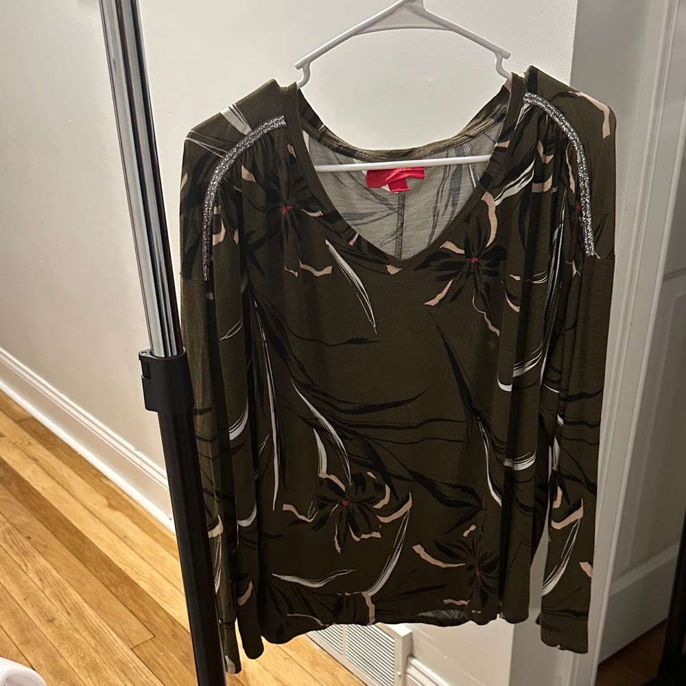 Jennifer Lopez Olive Green Floral Long Sleeve Top
